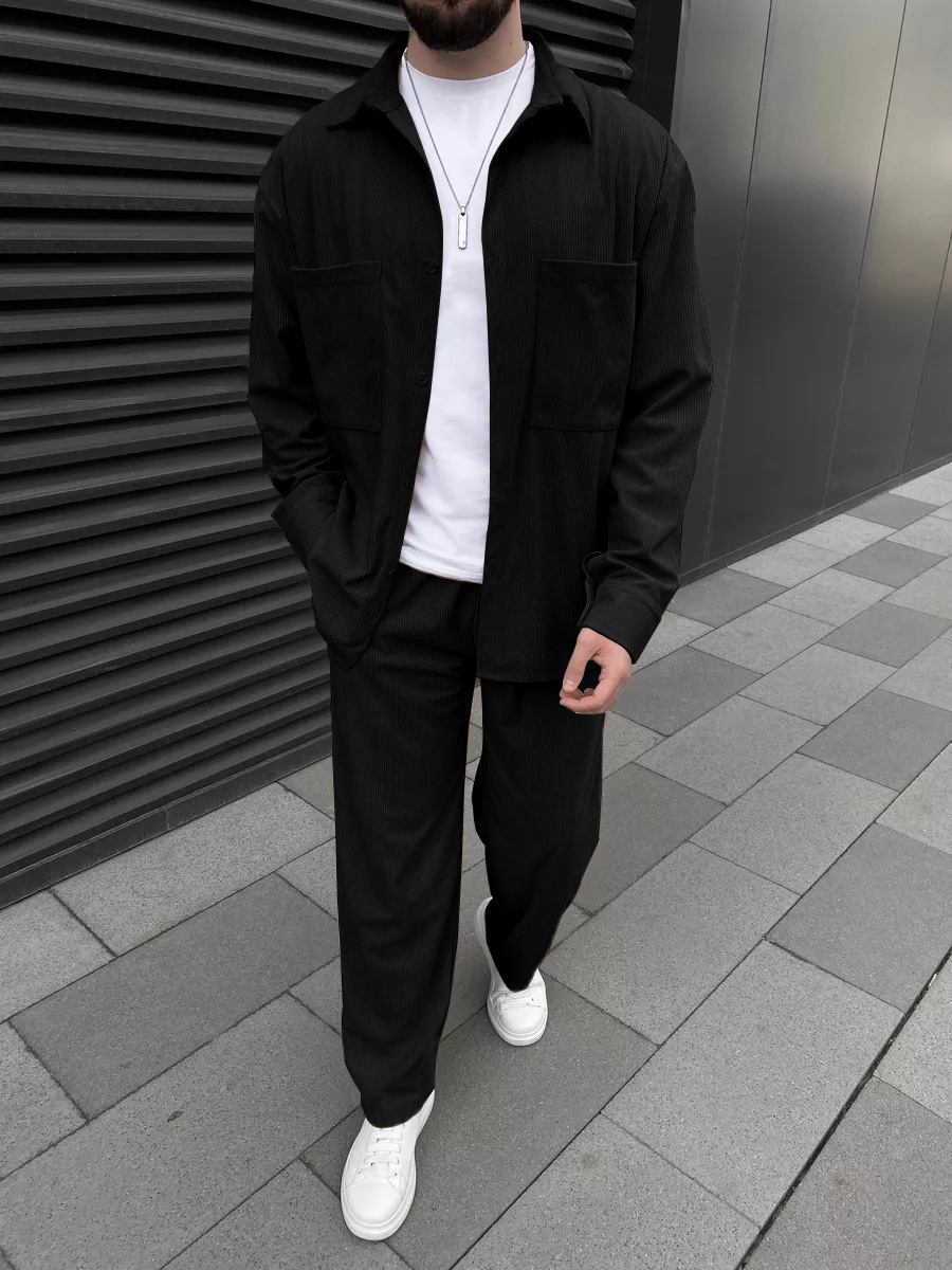Street Fashion Clothing - Men's corduroy two-piece outfit: long-sleeved button-down