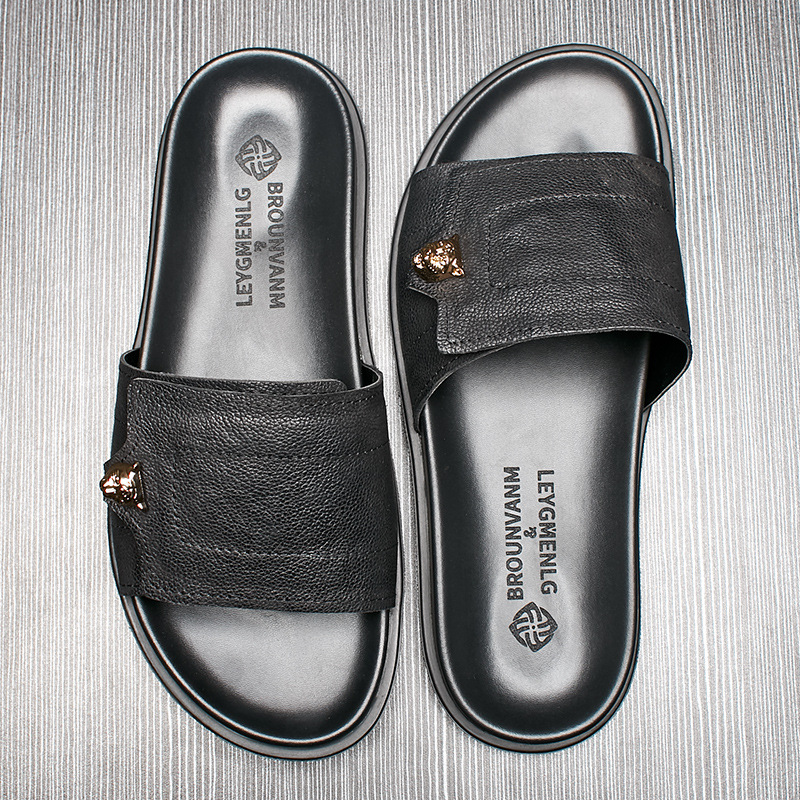 Street Fashion Men 2025 - 2025 New Genuine Leather Slippers Metal