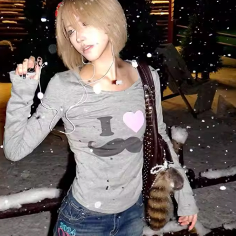 Japanese Y2K Beard Print T-Shi - Street Fashion In Korea recension och pris